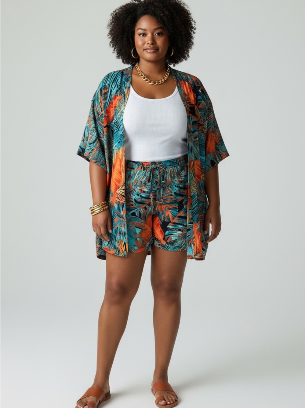 Tropical Palm Print Kimono & Shorts 2 Piece Resort Set